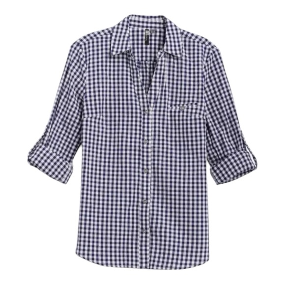 Kut from the Kloth Tops - Kut From The Kloth Feena ButtonUp Roll Tab Textured Gingham Top Size M Navy Blue